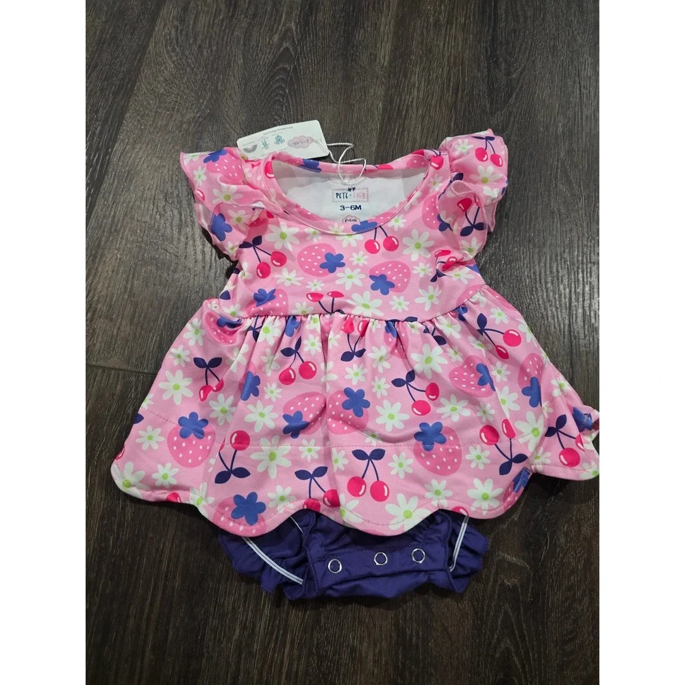 Pete + Lucy Baby Girl Pink Strawberry Cherry Floral Romper Dress 3-6M NWT
